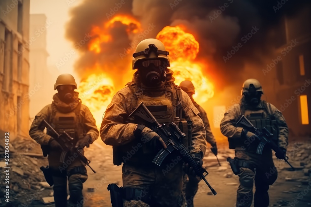 Army soldier in action on war, Great explosion with fire and smoke billows. Army soldier in action on war, Great explosion with fire and smoke billows.