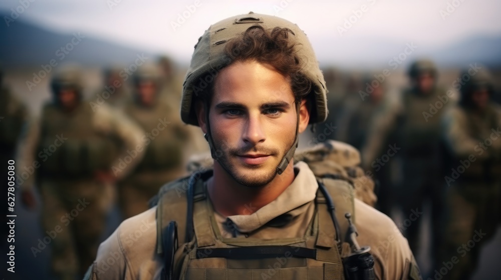 Fototapeta premium Army soldier wearing a helmet, Portrait of an American soldier in the ranks, Military operation.