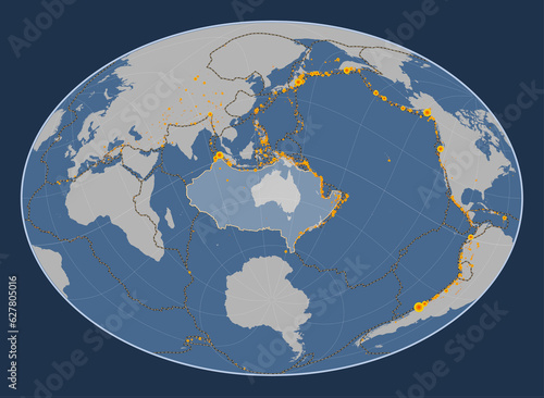 Australian tectonic plate. Contour. Fahey Oblique. Earthquakes and boundaries