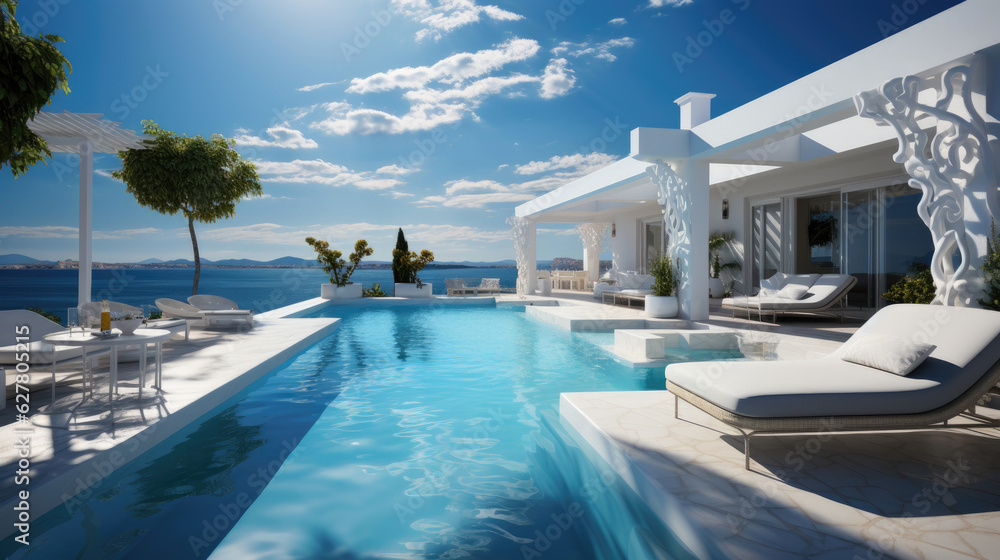 Fototapeta premium Sea view luxury modern white beach hotel with swimming pool. Generative AI