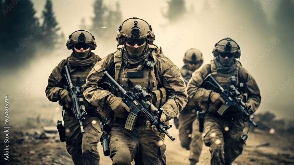 Group of soldiers in action on war battle in jungle. Group of soldiers in action on war battle in jungle.