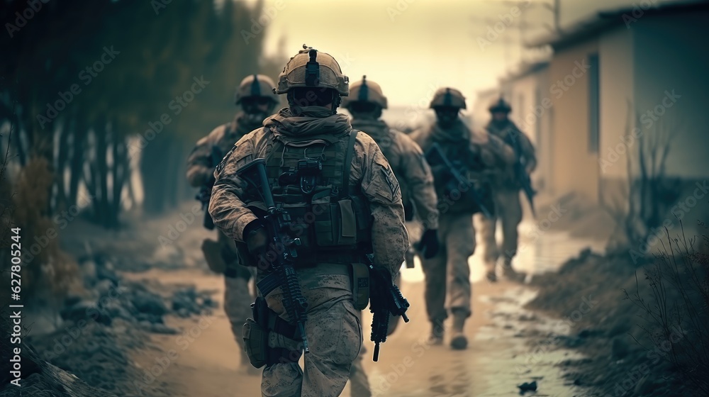 Military person with a gun on a battlefield in a ruined city, War Concept. Military person with a gun on a battlefield in a ruined city, War Concept.