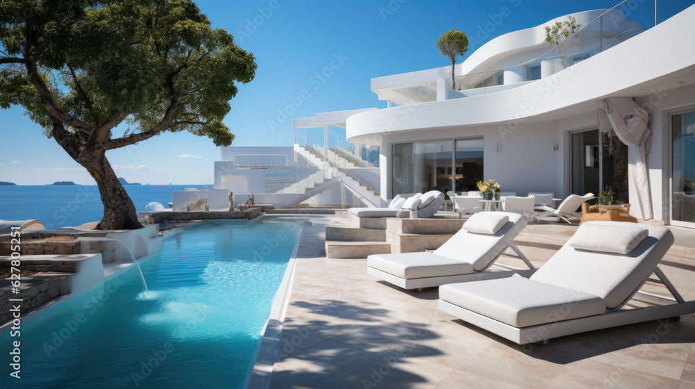 Sea view luxury modern white beach hotel with swimming pool. Generative AI