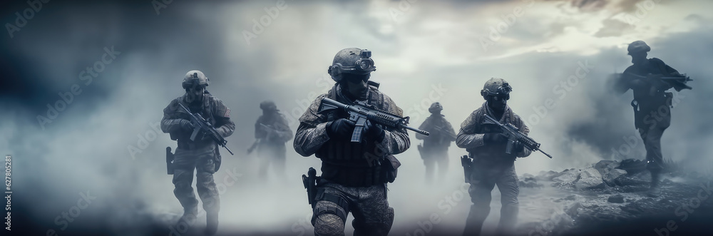 Military fighting on war, US Army soldier soldiers in a cloud of smoke. Military fighting on war, US Army soldier soldiers in a cloud of smoke.