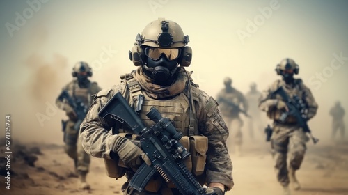 Soldiers in military gear and bulletproof vests and gas masks cover each other, In full combat readiness to break through the smoke from chemical weapons.