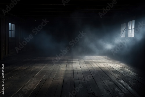 Defocused background of fog in darkness, smoke, and mist on a wooden floor. Abstract and moody Halloween backdrop. Generative AI © Fokasu Art