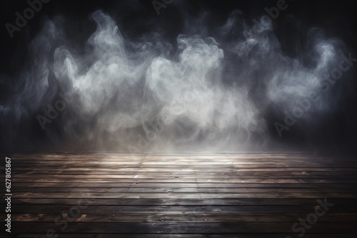 Defocused background of fog in darkness  smoke  and mist on a wooden floor. Abstract and moody Halloween backdrop. Generative AI