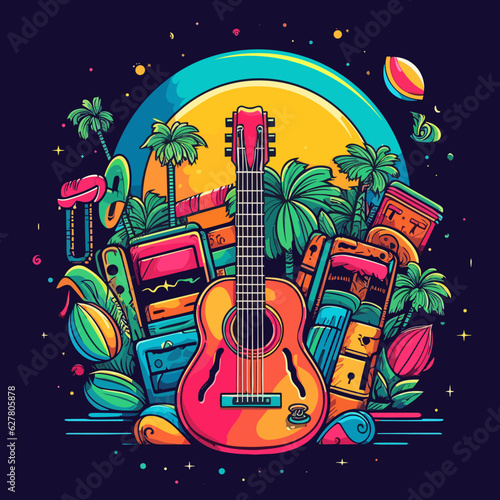 Summer music party. Guitar and palm trees against a backdrop of sunshine. Cartoon vector illustration. Invitation.