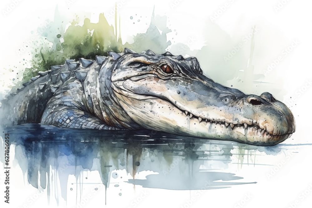 Watercolor alligator illustration on white background.