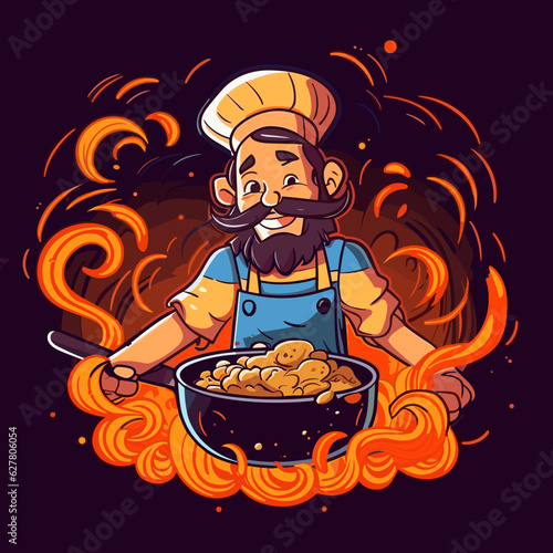Fried noodles cooked by an Asian chef. Traditional street food. Cartoon vector illustration.