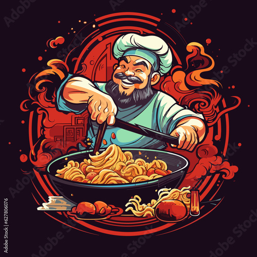 Fried noodles cooked by an Asian chef. Traditional street food. Cartoon vector illustration.