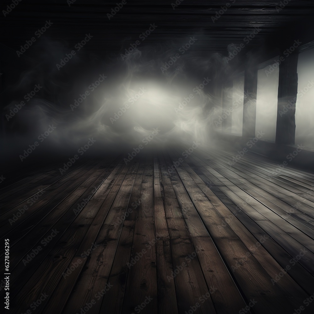 Defocused background of fog in darkness, smoke, and mist on a wooden floor. Abstract and moody Halloween backdrop. Generative AI Defocused background of fog in darkness, smoke, and mist on a wooden floor. Abstract and moody Halloween backdrop. Generative AI