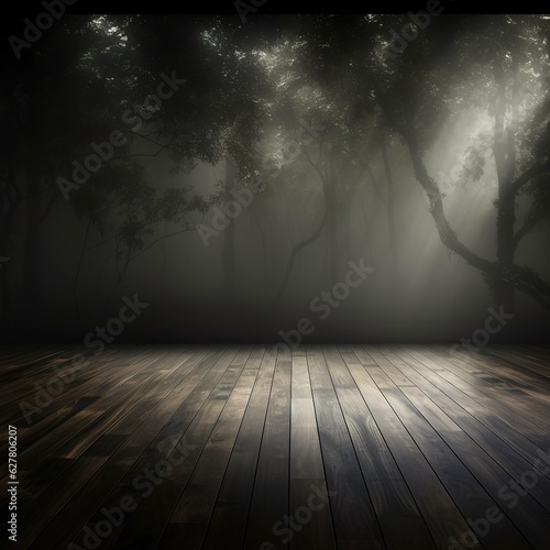 Defocused background of fog in darkness, smoke, and mist on a wooden floor. Abstract and moody Halloween backdrop. Generative AI