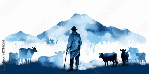 Blue Aquarelle Silhouette of Smiling Farmer with Bottle of Milk in Front of a Cow, Showcased with the Style of Digital Airbrushing, Celebrating Bavarian Mountain Agriculture