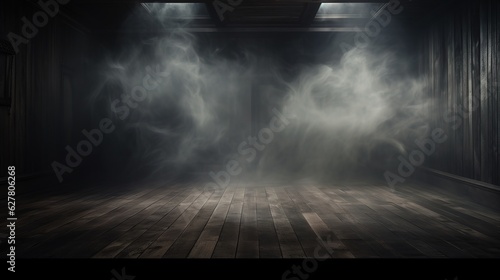 Defocused background of fog in darkness  smoke  and mist on a wooden floor. Abstract and moody Halloween backdrop. Generative AI