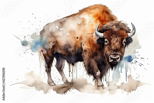 Watercolor bison illustration on white background photo