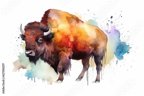 Watercolor bison illustration on white background