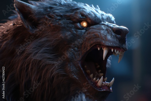 War-ready imposing werewolf portrait with fangs and cinematic lightning concept generative ai