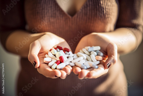 Numerous Pills in Woman's Hand. The Concept of Medicine and Mental Issues. Generative Ai.