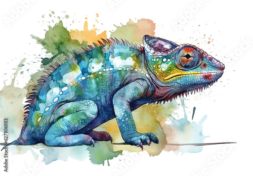 Watercolor chameleon illustration on white background