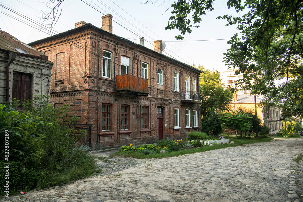 Old houses in the historical part of Berdychiv, Ukraine, July 2023