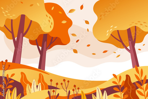 Autumn landscape background, fall park or forest. Mid autumn landscape with orange foliage trees and leaves falling in. Vector illustration for mobile and web graphics.