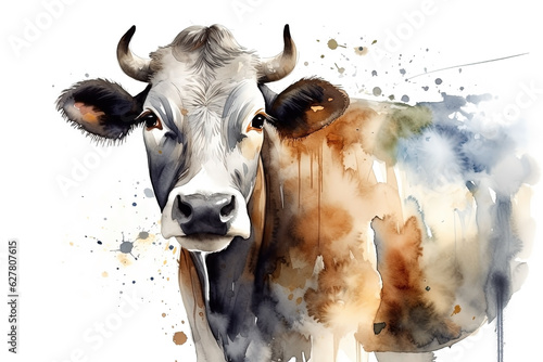 Watercolor cow portrait on white background
