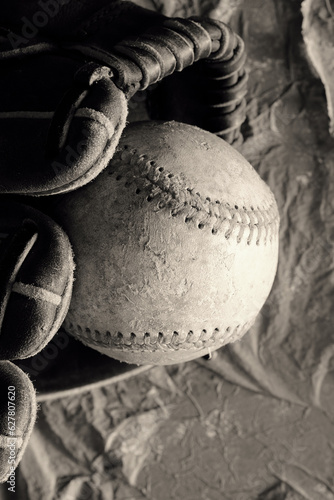 Sepia tone monochrome baseball equipment image in vertical view for sport.