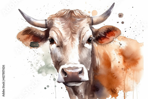 Watercolor cow portrait on white background
