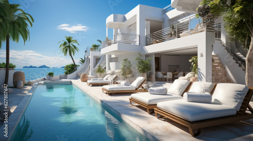 Sea view luxury modern white beach hotel with swimming pool. Generative AI photo
