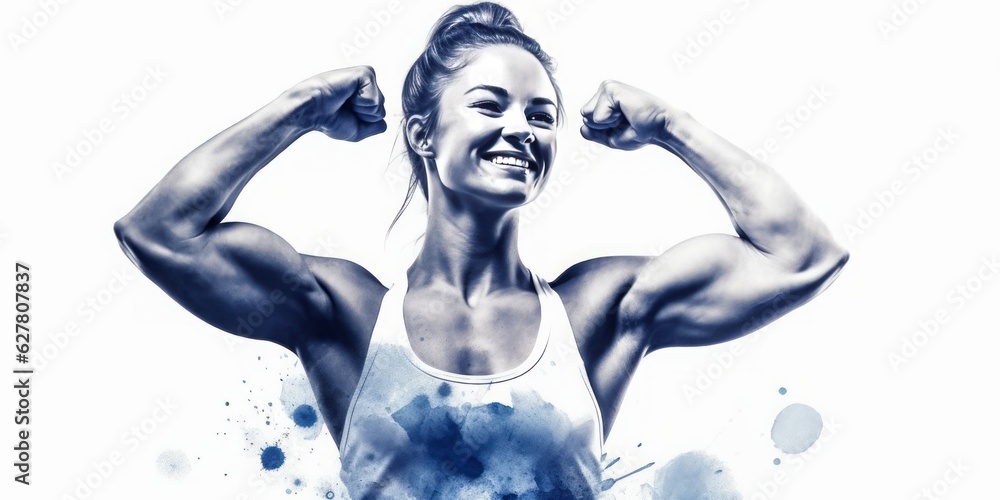 Blue Aquarelle Silhouette of Smiling Young Sportswoman Giving Thumbs Up in a Muscle Studio, Captured with the Style of Digital Airbrushing, Boxing, Weight Lifting, and Body Building Blue Aquarelle Silhouette of Smiling Young Sportswoman Giving Thumbs Up in a Muscle Studio, Captured with the Style of Digital Airbrushing, Boxing, Weight Lifting, and Body Building