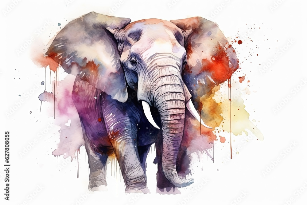 Watercolor elephant portrait illustration on white background