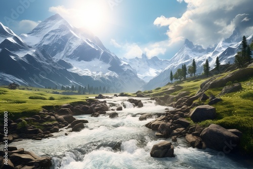 Photography of mountain landscapes with flowing rivers and waterfalls, Generative AI