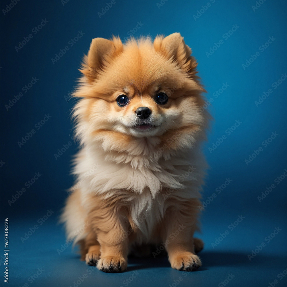 pomeranian puppy on blue background