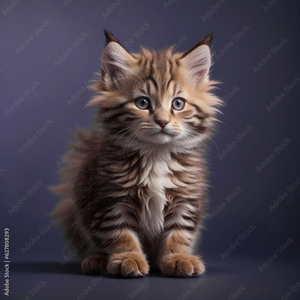 Cute fluffy mainecoon kitten on dark background, ai generated