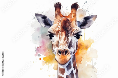 Watercolor giraffe portrait illustration on white background