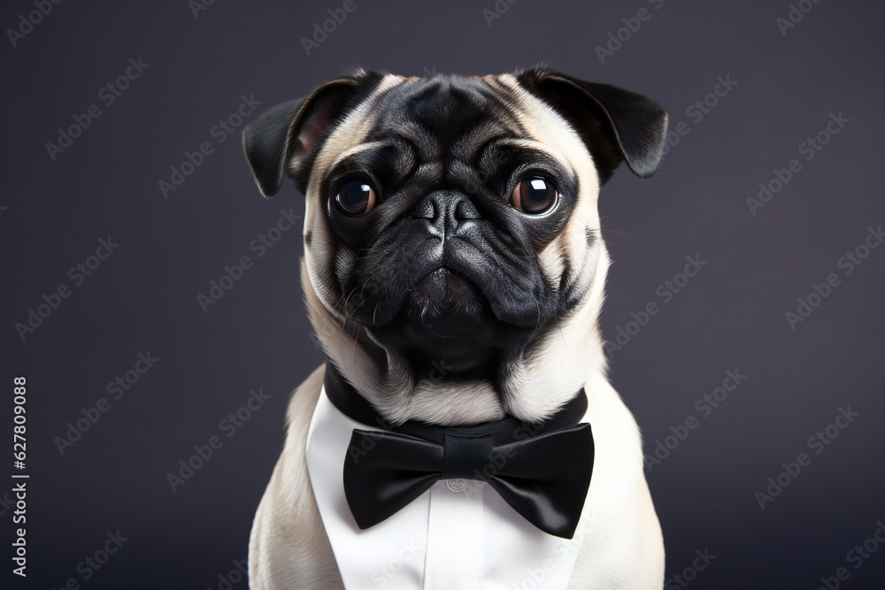 Pug wearing tuxedo. Generative AI