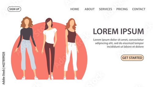 Beautiful modern girls in summer clothes. Fashion female models. Vector flat illustration. White background. Design website, banner