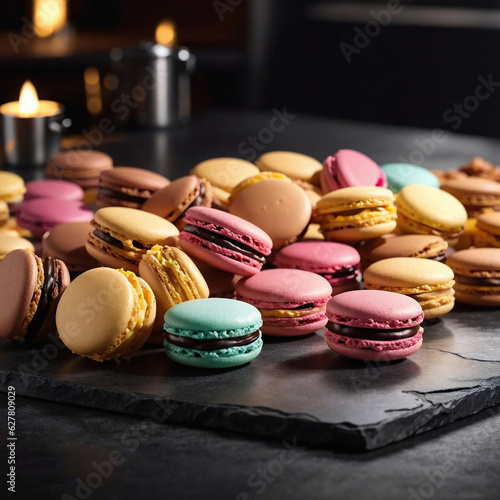 Assorted colorful macaroons on wooden table, ai generated