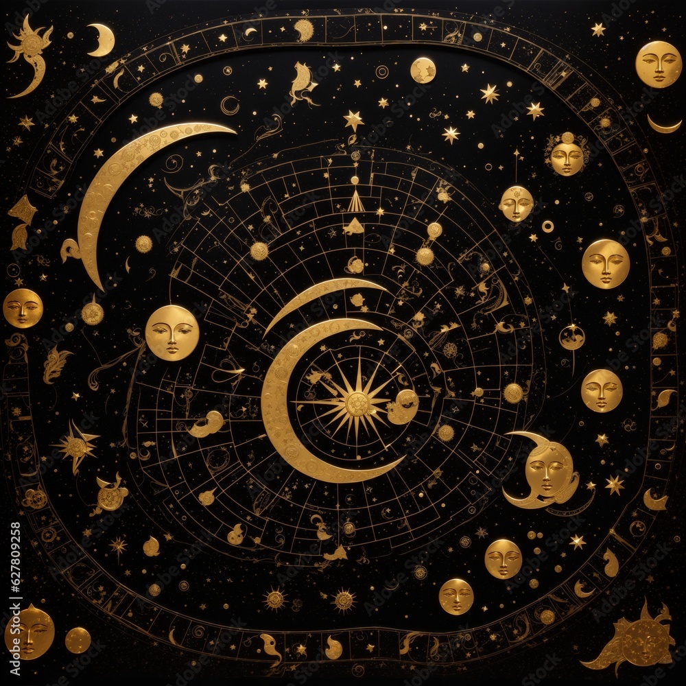 image on the theme of astrology and zodiac signs, sun and moon, space and stars. AI generated