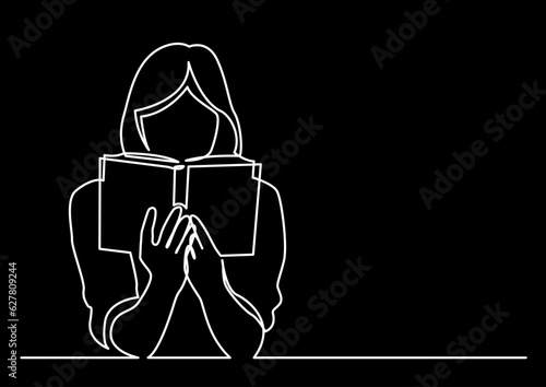 continuous line drawing vector illustration with FULLY EDITABLE STROKE of reader person reading book school library concept logo on black background