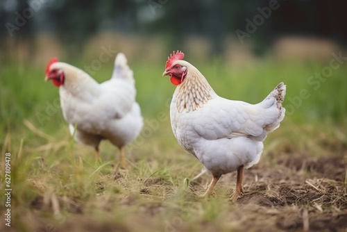 Happy chickens roaming free on farm meadow. Farm animal welfare and care. Generative Ai