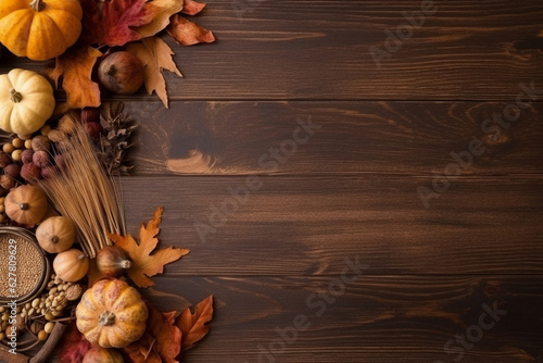 Autumn or fall leaves, top down view on wooden background. Generative AI