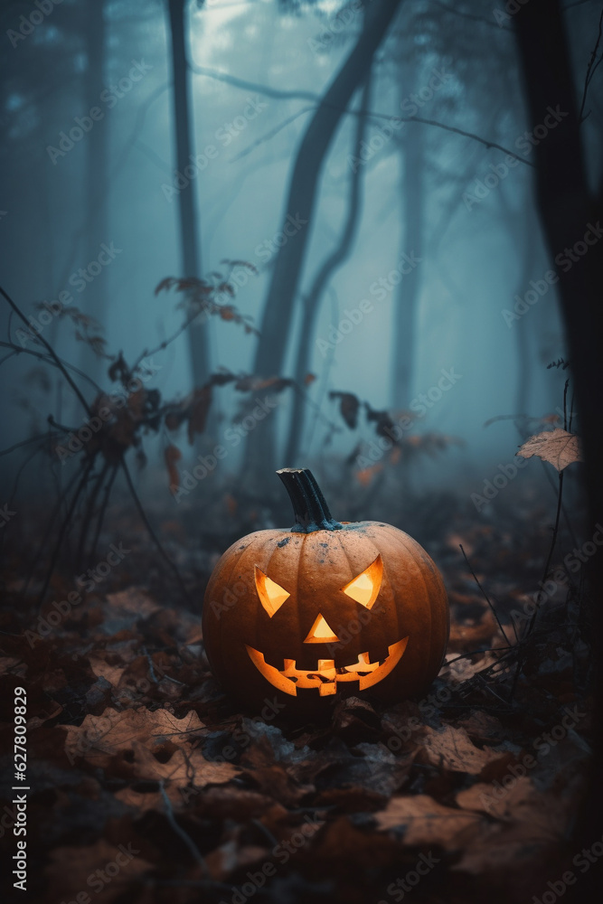 Naklejka premium Spooky jack-o-lantern pumpkin glowing in misty forest. Halloween background. Generative AI