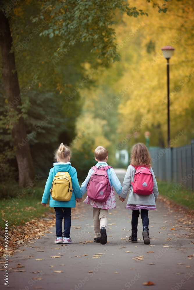 Fototapeta premium Kids with backpack going back to school. Generative Ai