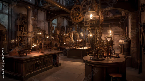 Venture into a captivating steampunk workshop, where Victorian elegance meets industrial innovation. The scene is set in a sprawling, old-world workshop with cogs and gears adorning the walls and larg © Alin