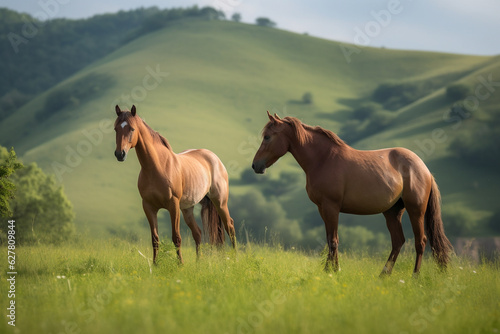 Happy horses roaming free on farm meadow. Farm animal welfare and care. Generative Ai