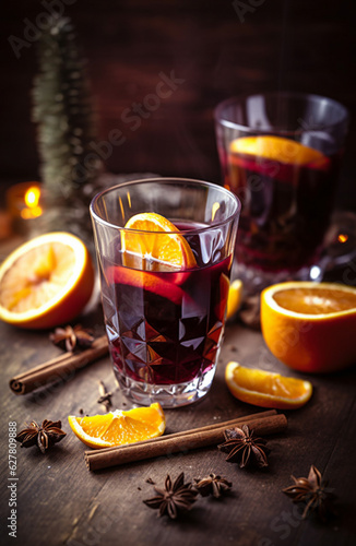Mulled wine, warm Christmas spicy grog. Generative AI
