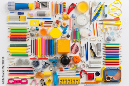 School Supplies and Accessories flat lay background. Back to school concept. generative AI
