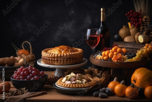 Thanksgiving festive pie on wooden table. generative Ai